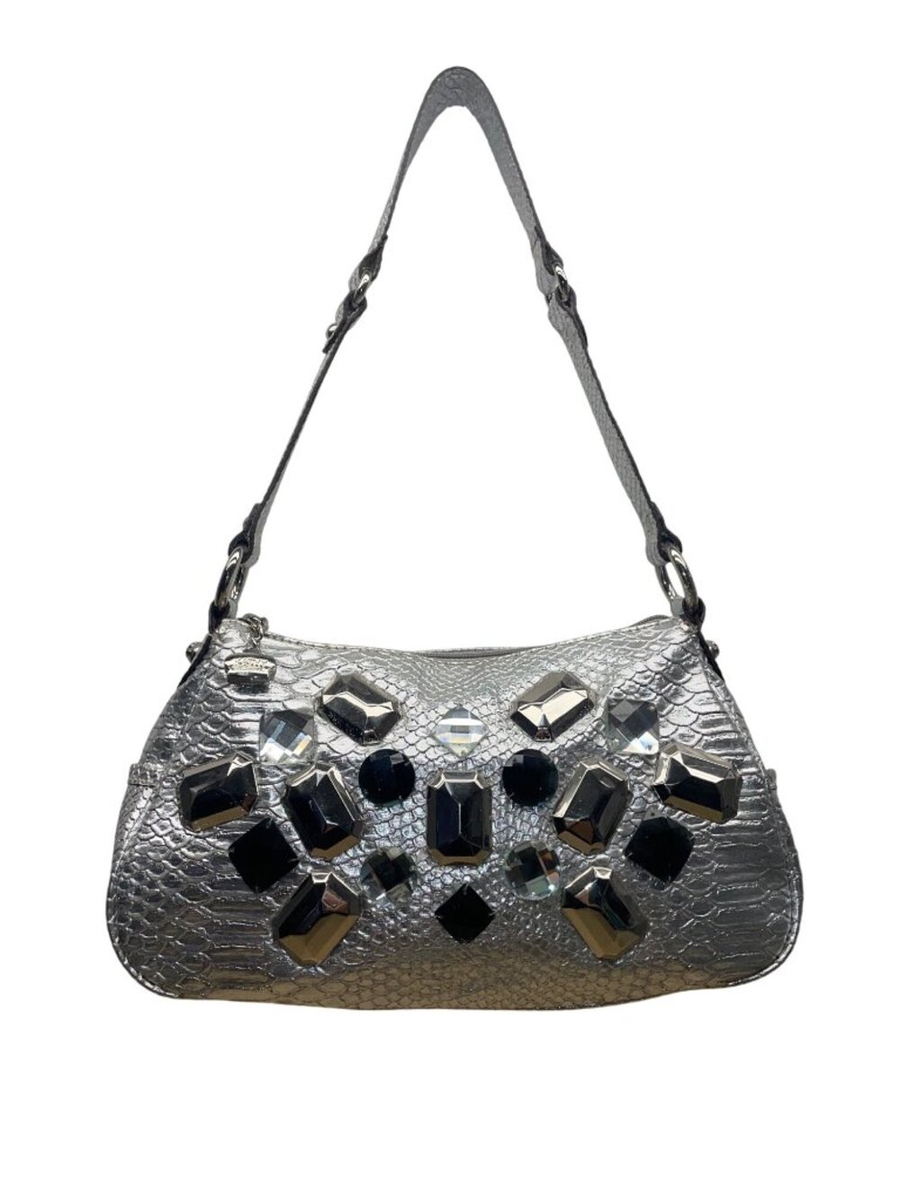Kathy Women’s Silver Faux Snakeskin With Gemstone Embellishments Shoulder Bag